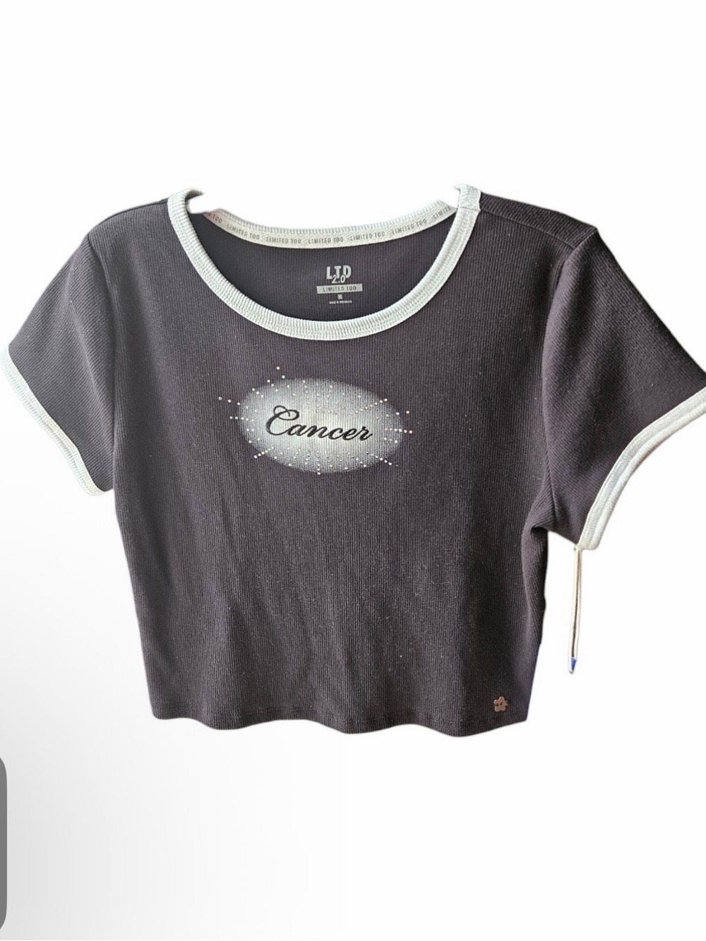 Limited Too Black “cancer” Crop baby doll Tee with White Ringer Trim L NWT